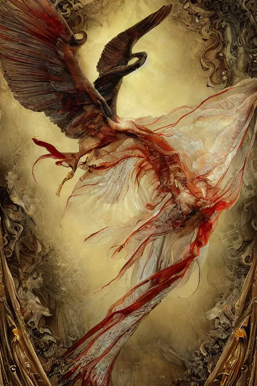 Prompt: breathtaking detailed soft painting of a flight of numerous birds in silk veils, by guillermo lorca, a white water splash in bleeding meat and flesh, dynamic pose and movement, in an intricate art nouveau stained glass of bones and meat, rembrandt style, elegant, highly detailed, artstation, concept art, matte, sharp focus,