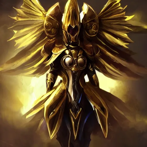 Prompt: cinematic, hyperdetailed league of legends azir armor metroid ravenbeak fanart gold armored bird wings regal gold sunray shaped crown, warframe, destiny, octane