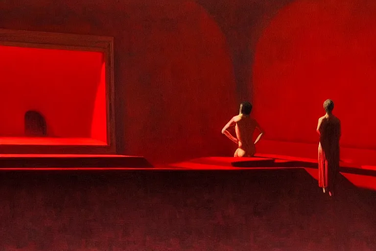 Image similar to only with red, crowd screaming, an exposed painting in a roman theater, in the style of beksinski, parts by edward hopper, parts by rodcenko, parts by yue minjun, intricate and epic composition, red by caravaggio, insanely quality, highly detailed, masterpiece, red light, artstation, 4 k