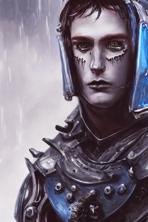 Image similar to portrait of beautiful gothic and futuristic young man, warhammer, cyber armor, a lot of more and more scars, thunderstorm, blue head, the middle ages, highly detailed, artstation, illustration, more and more composision, 8 k quality, art by greg gandy, vincent disederio