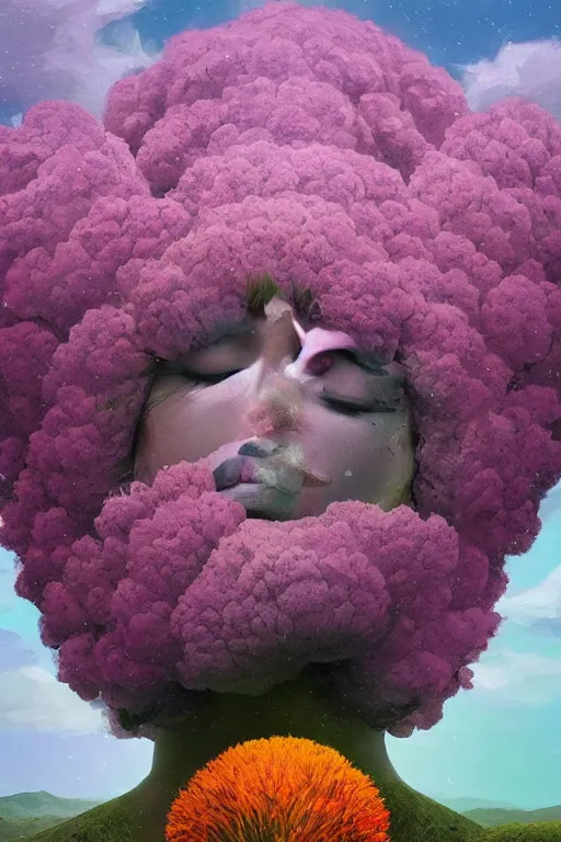 Prompt: closeup, giant flowers as a head mohawk, woman in heather field, surreal photography, starlight, storm clouds, impressionist painting, digital painting, artstation, simon stalenhag