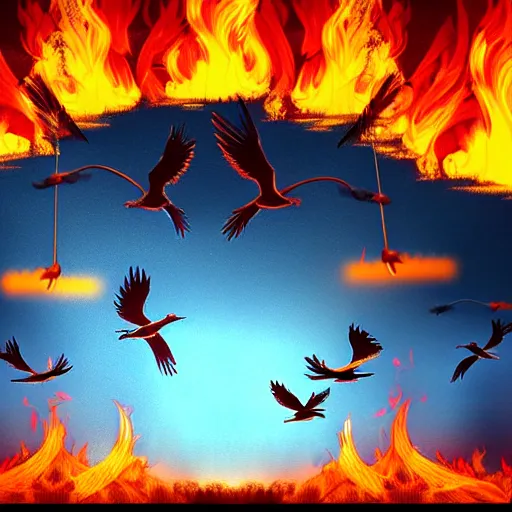 Image similar to in the lower part of the picture is the harp burning in the fire, above are cranes flying in flames, digital painting, concept art