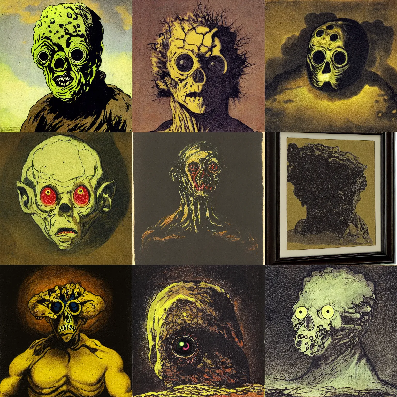 Prompt: portrait of a radioactive mutant from the wastelands, covered in nuclear waste, glowing eyes, painted by goya