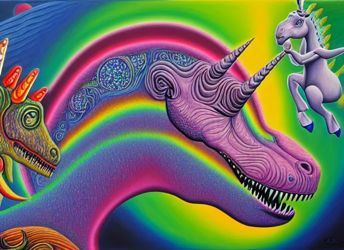 Prompt: T-rex and Unicorn relaxing, Alex Grey,Oil on Canvas detailed,