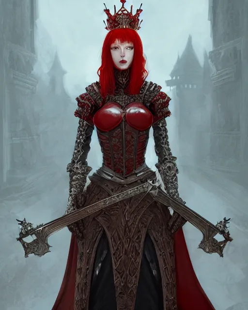 Image similar to redhead queen knight in red armor, inside an epic gothic castle, baroque, large crown, holding sword, face with scars, intimidating, ominous, high fantasy, intricate detail, digital painting, artstation, concept art, smooth, sharp focus, illustration, art by yoshitaka amano and monia merlo and wlop