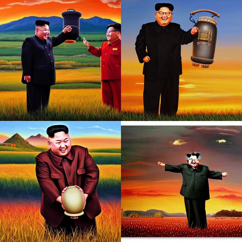 Prompt: smiling kim jong un hugging a nuclear bomb during golden hour on a grassy field, romantic era oil painting, ultra realistic, high detail, full body!!!, warm colors, dark background, high contrast, wide angle