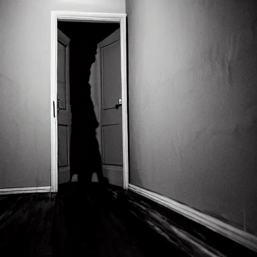 Prompt: horror scary dark shadow creature emerges from behind a shadow in a dark hallway at night with no light