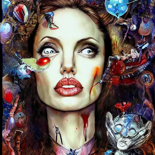 Image similar to angelina jolie in alice in wonderland tripping on lsd, intricate detail, painting, royo, frazetta, whealan,