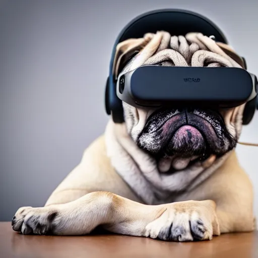 Image similar to film still medium shot a pug wearing a oculus quest vr headset, leica sl 2 5 0 mm, vivid color, high quality, high textured, real life