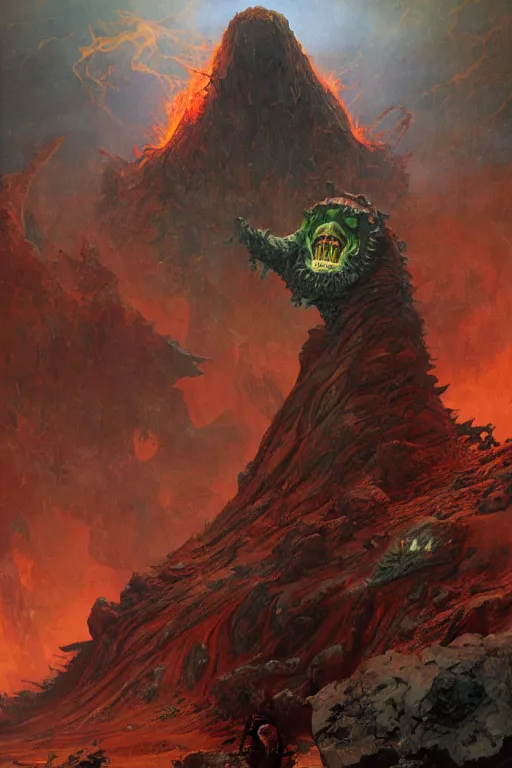 Image similar to cthulu rises from a martian volcano, by norman rockwell, jack kirby, jon berkey, earle bergey, craig mullins, ruan jia, jeremy mann, tom lovell, marvel, astounding stories, 5 0 s pulp illustration, scifi, fantasy, artstation creature concept