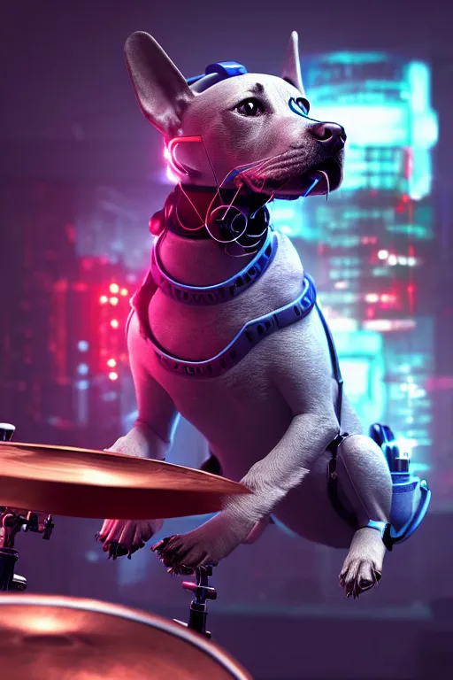 Prompt: high quality 3 d render very cute cyborg labrador dog plays drums!, cyberpunk highly detailed, unreal engine cinematic smooth, in the style of blade runner & pixar, hannah yata charlie immer, moody light, low angle, uhd 8 k, sharp focus