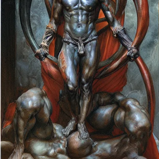 Image similar to Roguish Picaro Dsurion stands at the gates of Hades Hand Crafted By Rodin. Painting by Donato Giancola Jeff Simpson stamp watercolor