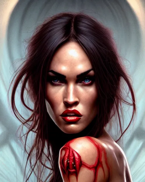 Image similar to portrait of red skinned megan fox as purgatori, vampire, horns, red skin, chaos comics, purgatori, coffin comics, hell, intricate, headshot, highly detailed, digital painting, artstation, concept art, sharp focus, cinematic lighting, illustration, art by artgerm and greg rutkowski, alphonse mucha, cgsociety