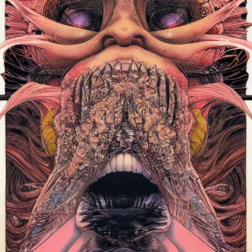 Image similar to portrait of crazy face tearing apart, symmetrical, by yoichi hatakenaka, masamune shirow, josan gonzales and dan mumford, ayami kojima, takato yamamoto, barclay shaw, karol bak, yukito kishiro