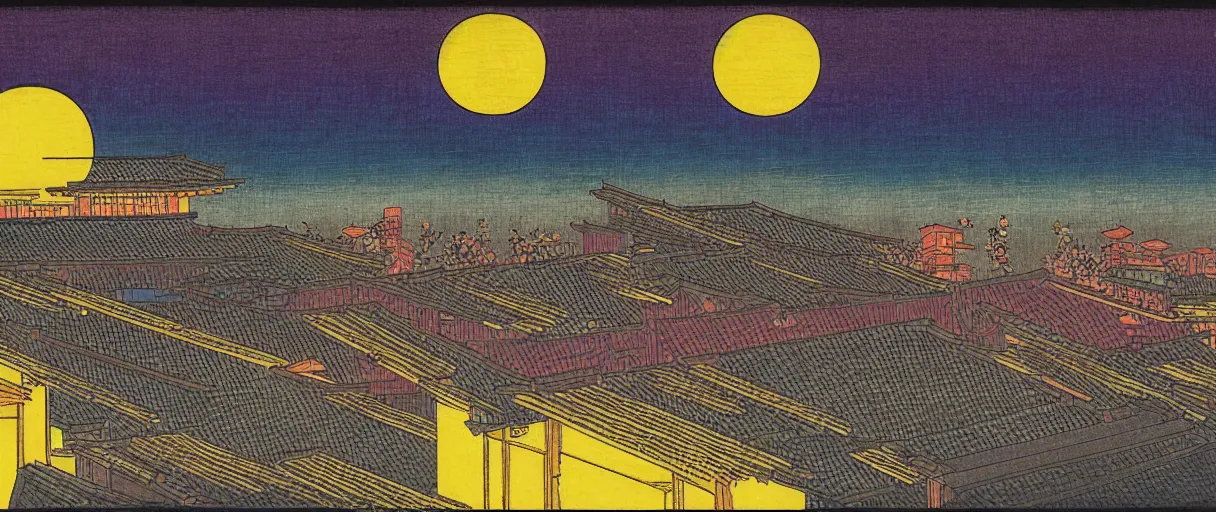 Image similar to a Ninja secretly jumping from one rooftop to another at night, purple sky, yellow moon, highly detailed ukiyoe by Utagawa Hiroshige