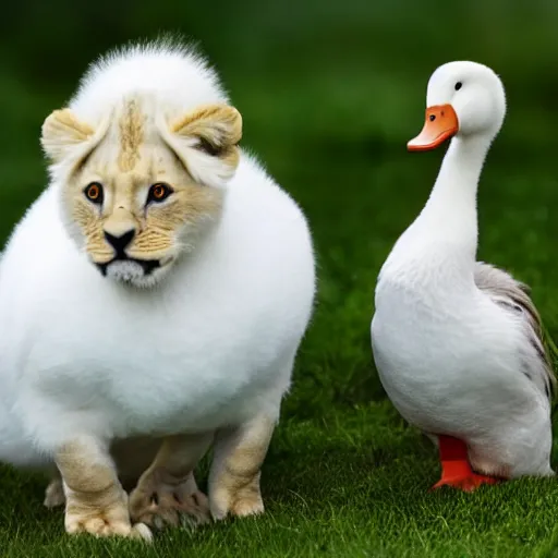 Prompt: a white duck, with a baby lion cub