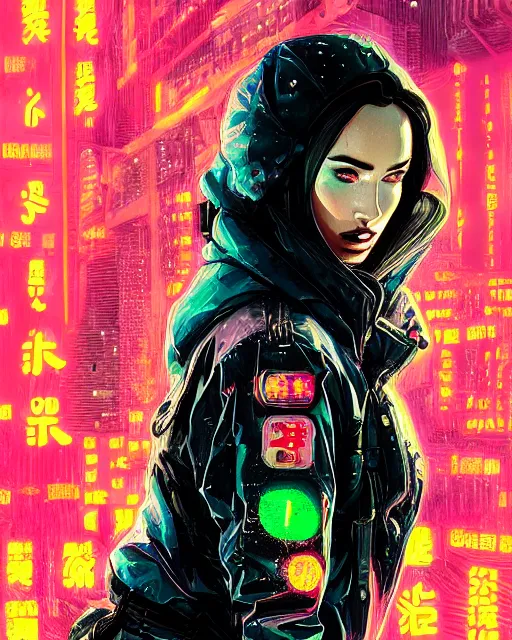 Image similar to detailed megan fox portrait neon operator girl, cyberpunk futuristic neon, reflective puffy coat, decorated with traditional japanese ornaments by ismail inceoglu dragan bibin hans thoma greg rutkowski alexandros pyromallis nekro rene maritte illustrated, perfect face, fine details, realistic shaded, fine - face, pretty face