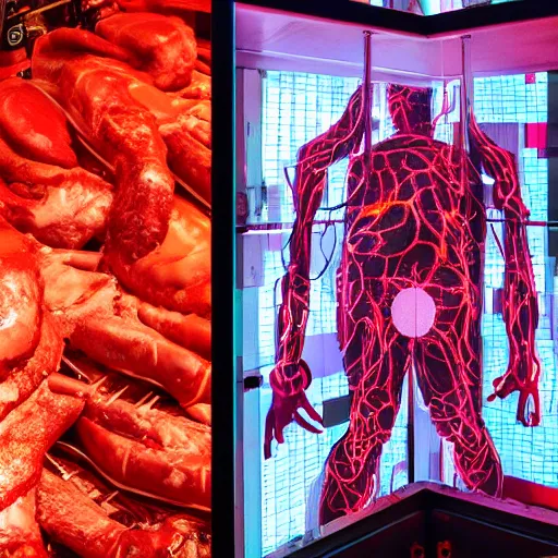 Image similar to love, diverse meat cybersuits, from behind, connection rituals, wide wide angle, vivid, elaborate, highly detailed, beautiful lighting