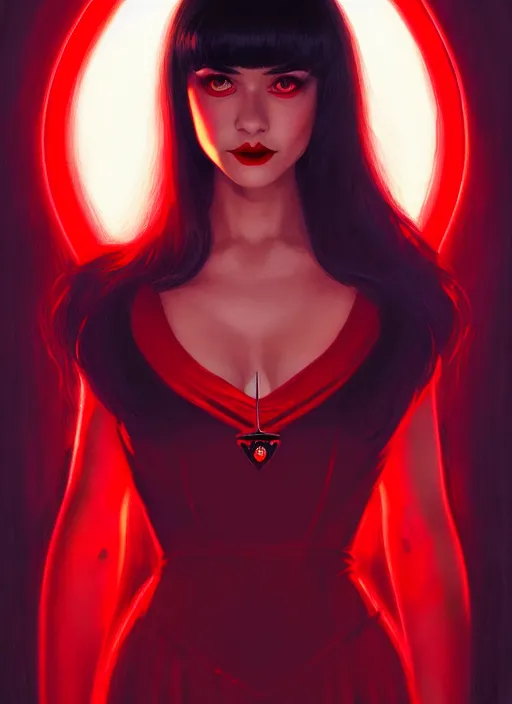 Image similar to portrait of vampire veronica lodge with bangs, vampire, long hair, red clothes, bangs, intricate, elegant, glowing lights, highly detailed, digital painting, artstation, concept art, smooth, sharp focus, illustration, art by wlop, mars ravelo and greg rutkowski