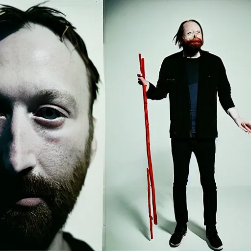 Image similar to Radiohead, holding the moon upon a stick, with a beard and a black jacket, a portrait by John E. Berninger, dribble, neo-expressionism, uhd image, studio portrait, 1990s