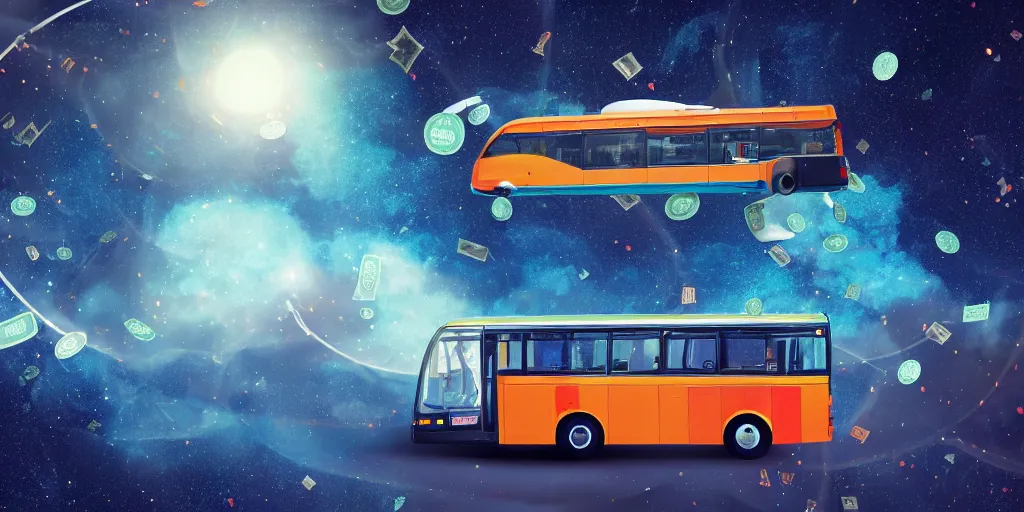 Image similar to a bus driving in outer space with money flying out of the bus windows. illustrated, high resolution 4k