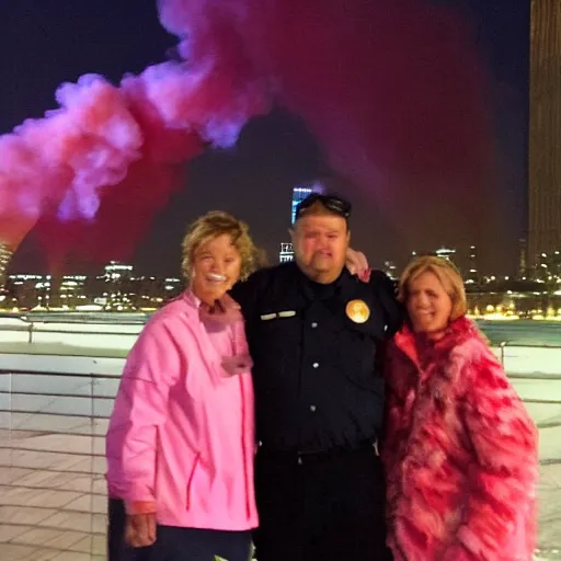 Image similar to a proud couple standing in front of 9 / 1 1 with pink smoke