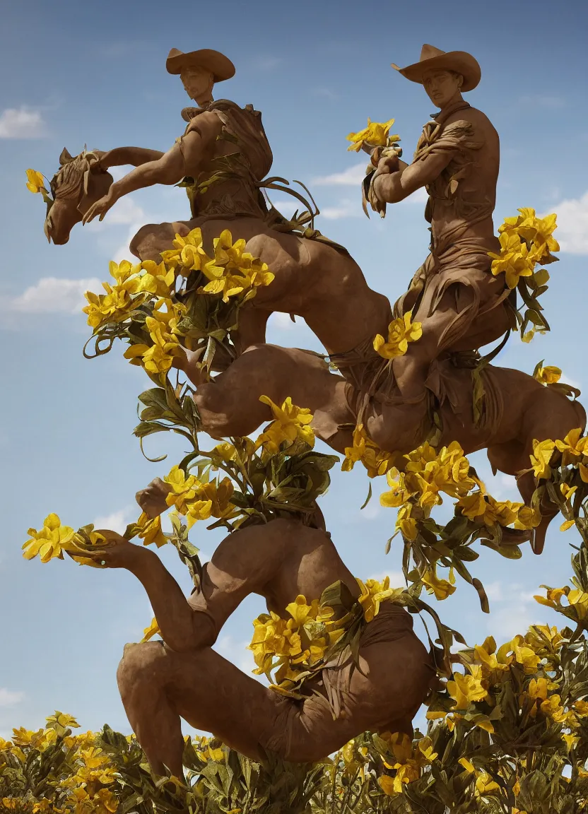 Image similar to a cowboy turning into blooms. tropical sea slugs, tractor tires. complementary colors. national geographic. 8 k, rendered in octane, smooth gradients. sculpture by antonio canova