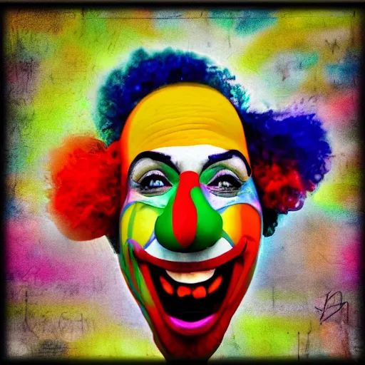 Image similar to A colorful happy joyful clown, crazy, digital art