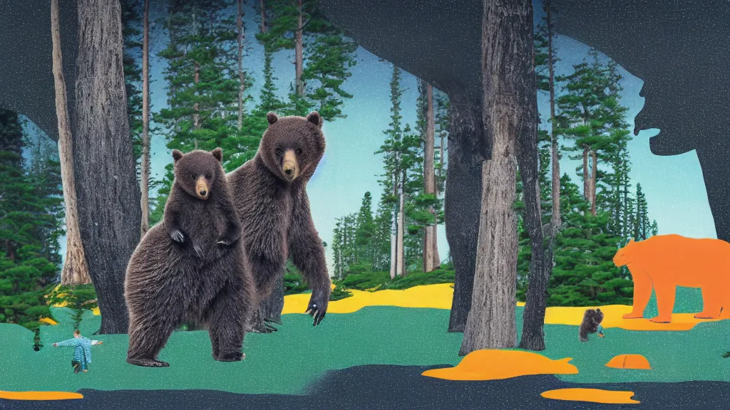 Image similar to a mama and baby bear at a seaside landscape with sequoia trees, japan, a collage painting, in the style of wes anderson, lola dupre, david hockney, isolated on negative white space background dark monochrome neon spraypaint accents volumetric octane render