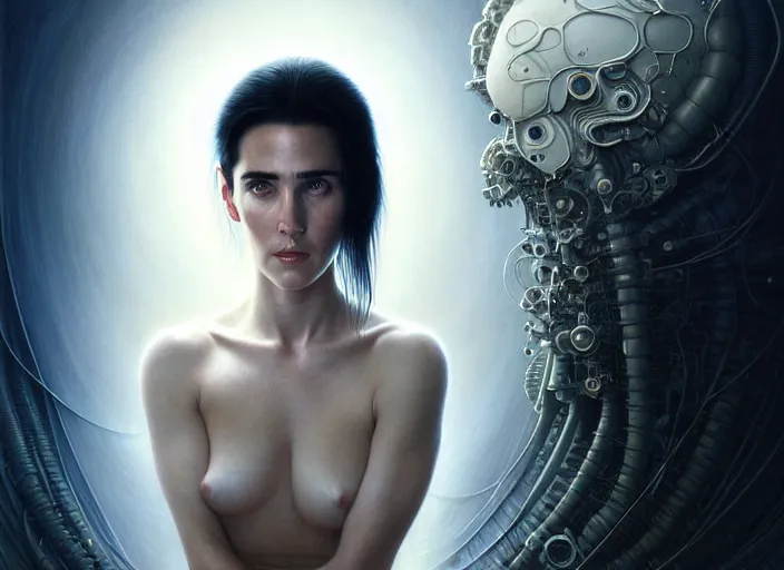 Image similar to portrait shot of young jennifer connelly in ghost in the shell, intricate, elegant, highly detailed, centered, digital painting, artstation, concept art, smooth, sharp focus, illustration, artgerm, tomasz alen kopera, peter mohrbacher, donato giancola, joseph christian leyendecker, wlop, boris vallejo