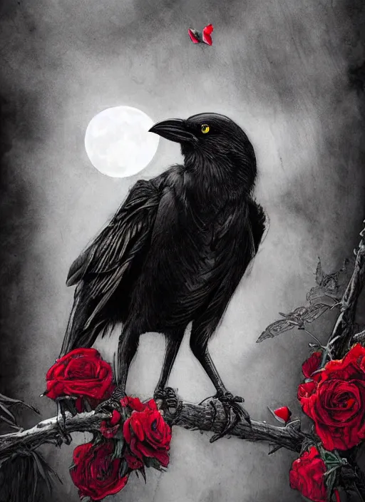 Image similar to portrait, A crow with red eyes in front of the full big moon, book cover, red roses, red white black colors, establishing shot, extremly high detail, foto realistic, cinematic lighting, pen and ink, intricate line drawings, by Yoshitaka Amano, Ruan Jia, Kentaro Miura, Artgerm, post processed, concept art, artstation, matte painting, style by eddie mendoza, raphael lacoste, alex ross