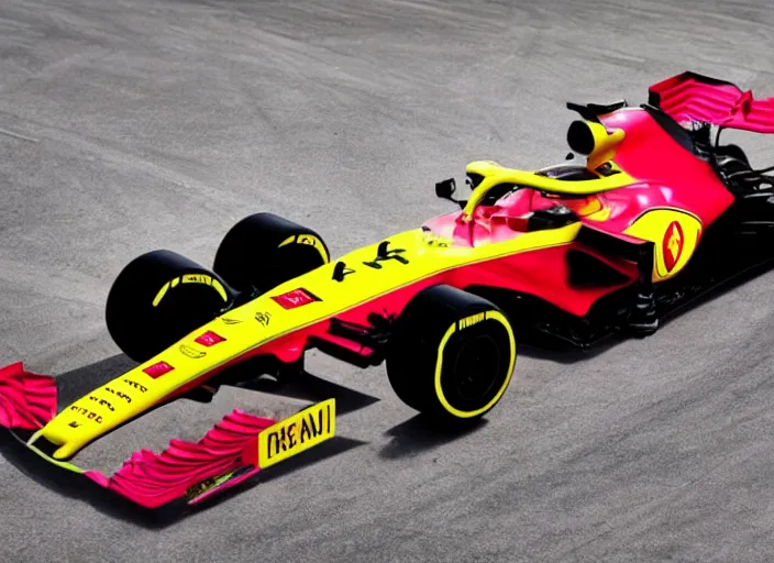 Image similar to live action photo of the 2 0 2 1 f 1 ferrari car, with clown make up livery, 8 k, hdr, sports photography