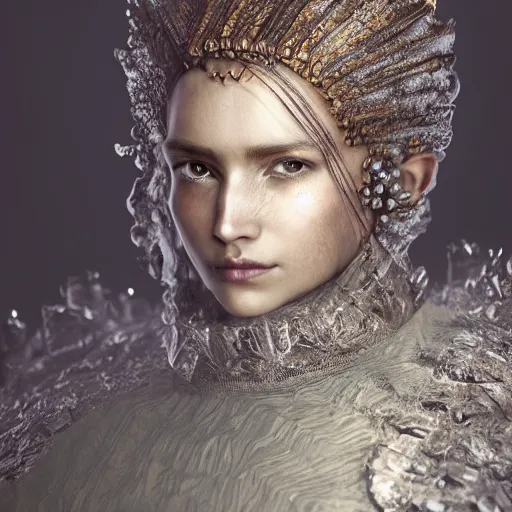 Image similar to a regal brown woman wearing an intricate and detailed armor made of ice. ice caves. glaciers. dramatic shadows. reflections. morning dew. textures. delicate. translucent. studio portrait. photorealistic. octane render