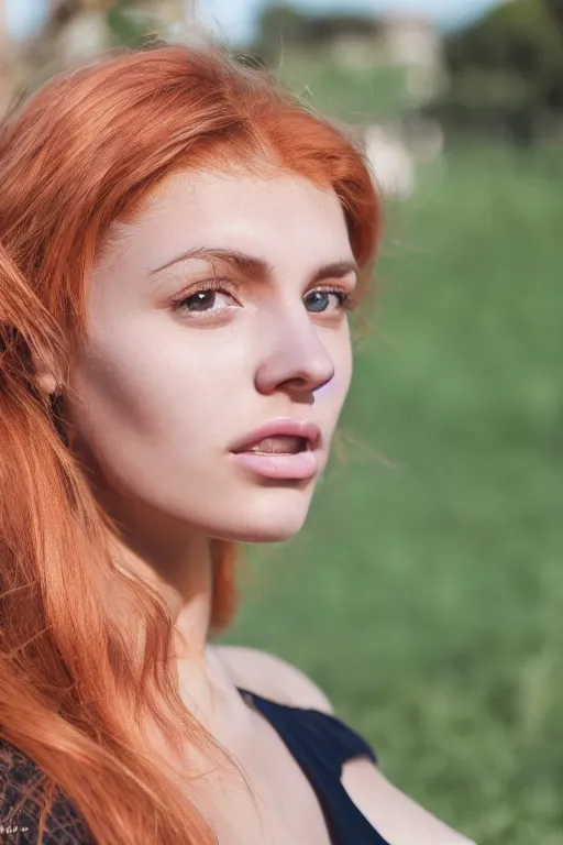 Image similar to olive skinned female model in her twenties with strawberryblonde hair, wearing a designer top, looking content, focused on her neck, photo realistic, extreme detail skin, natural beauty, no filter, slr, golden hour, 4 k, high definition, selfie