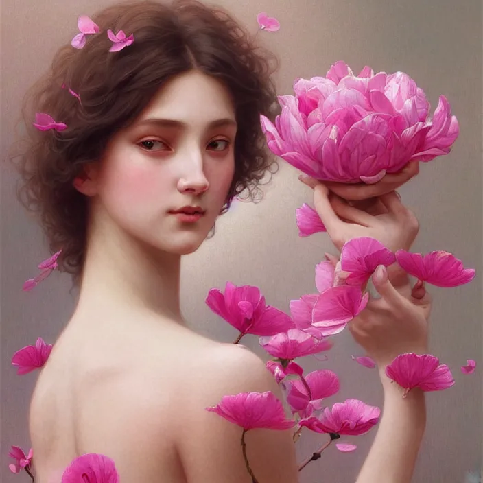 Image similar to pink petals with a ahape of a wonderful goddess, intricate, elegant, highly detailed, wonderful eyes, sweet, digital painting, artstation, concept art, smooth, sharp focus, illustration, art by artgerm and greg rutkowski and alphonse mucha and william - adolphe bouguereau