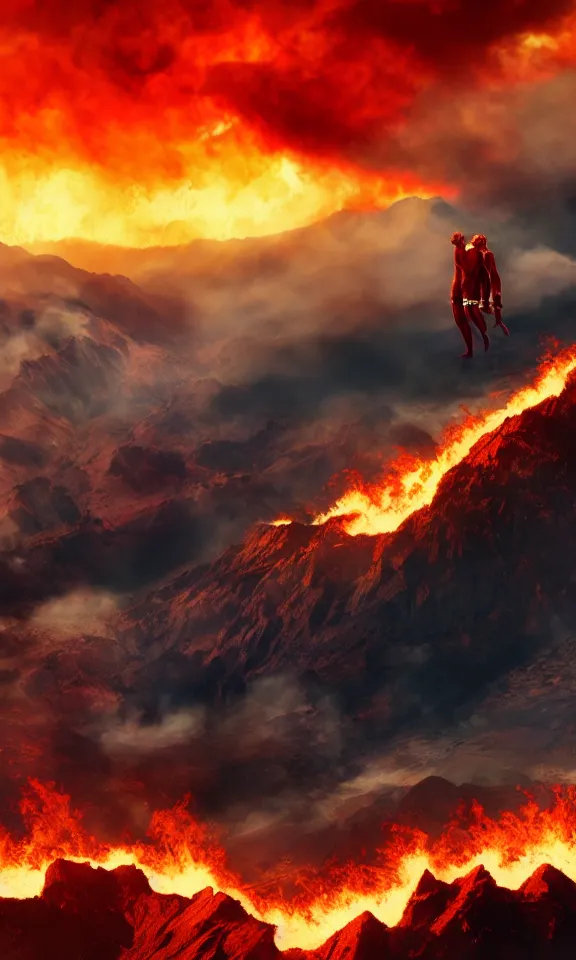 Prompt: The Andes mountains in Santiago of Chile about to be attacked by the colossal titan from Attack on Titan. Drone Photography. 4k ultra hd. Portrait. Dramatic. Santiago in flames and smoke as background.