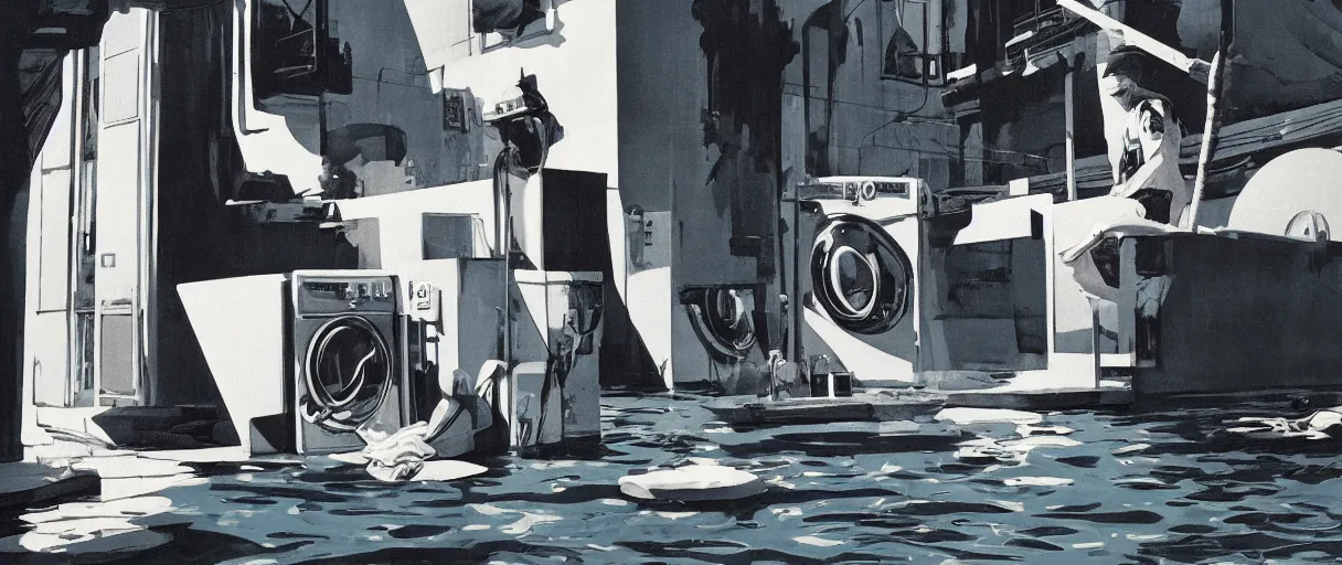 Prompt: a sad monster washing their laundry in the bay by syd mead , cinematic atmosphere, establishing shot