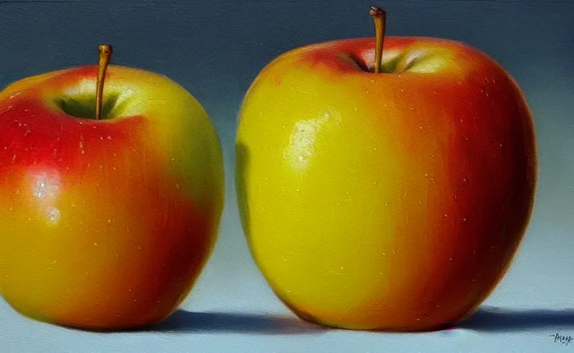 Prompt: a hyper-realistic oil painting of an apple; hyper-detailed; an extraordinary masterpiece!!!; flawless; trending on artstation