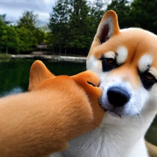 Prompt: a photo selfie of shiba inu and duck, best friends