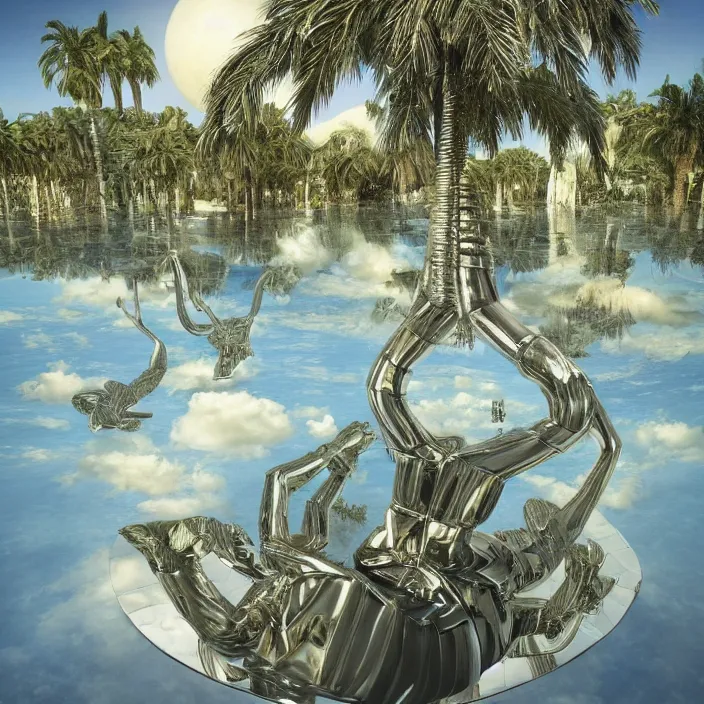 Image similar to hyperrealistic geometric objects in a surreal minimalistic 8 0's dreamscape environment by salvador dali, enormous chrome man, highly detailed, 3 d render, octane, beautiful lighting, photorealistic, intricate, elegant, wayne barlowe, water, mirrors, doorway, beautiful, masterpiece, trending on artstation, artgerm, checkered floor, palm tree
