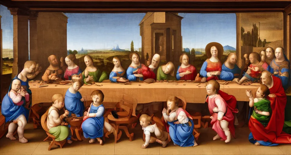 Image similar to a Renaissance painting in the style of Leonardo da Vinci of a symmetrical long table. A group of babies and toddlers are sitting at the table