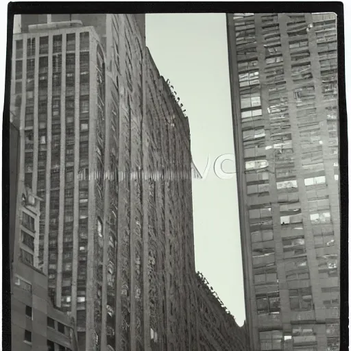 Prompt: A large parked commercial building in downtown New York, 25 floors, glass, earthquake proof, 60s, polaroid, photography