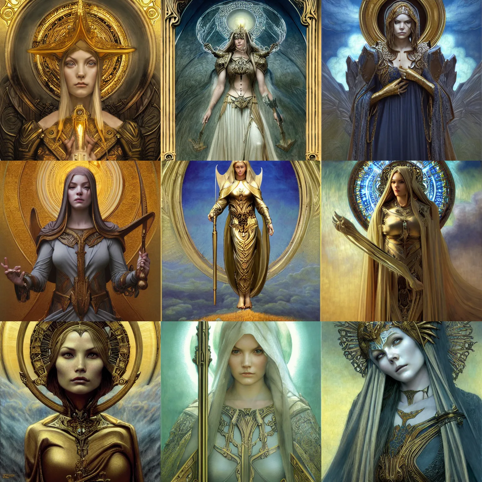 Prompt: Elisha Cuthbert as a saint paladin masterpiece, gothic art, golden halo behind her head, art nouveau, by Edgar Maxence and Ross Tran, distaw Beksinski, and Michael Whelan, distant, gustav dore, H.R. Giger, 8k, octane render