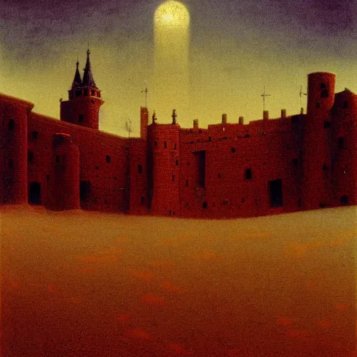 Image similar to Beksinski painting of Cracow Wawel castle buried in the sands of a vast desert, most of the castle is covered in sand, beautiful lighting, detailed, realistic