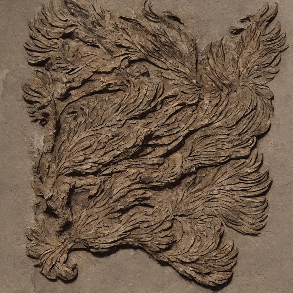 Image similar to a fossilized phoenix, museum photo