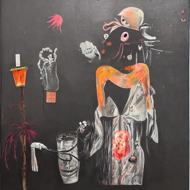 Prompt: a portrait in a dark apartment, rats, a widow holding an octopus, streetlamps, puddles, wild berries, ikebana, neo - expressionism, surrealism, acrylic and spray paint and oilstick on canvas