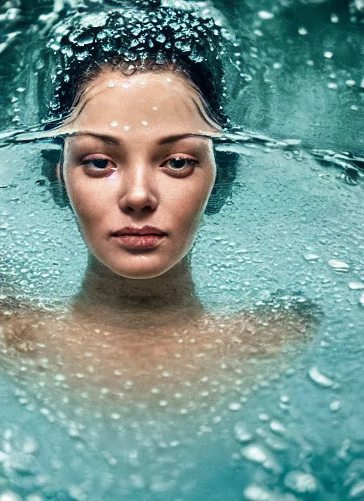 Image similar to A beautiful closeup portrait of a woman fully submerged ecxept of the top of his head, excited look in her eyes, water reflection, in style of frontiers in a spring water fall surrounded by greenery, highly detailed, soft lighting, elegant,sigma 85mm, shallow depth of field, Edward Hopper and James Gilleard, Zdzislaw Beksinski, Steven Outram, highly detailed