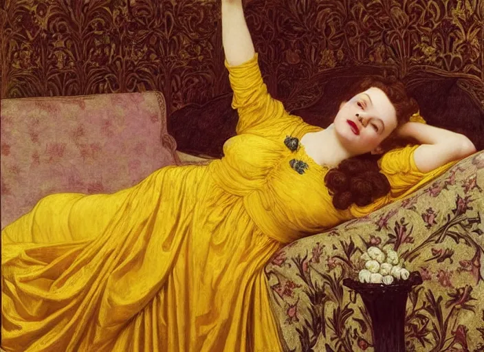 Prompt: portrait of judy garland reclining on bed, wearing yellow ochre ornate medieval dress, preraphaelite colour photography by frederic leighton, william morris, 8 k