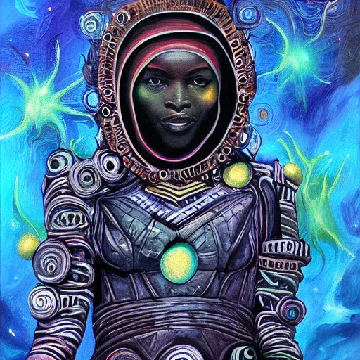 Image similar to afrofuturistic techno mage, dark fantasy, occult, high quality surrealist painting