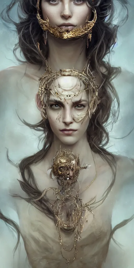 Prompt: realistic character concept of creature fantastic with lots of jewelry in the face, elegant pose, scifi, illustration, slender symmetrical face and body, artstation, cinematic lighting, hyperdetailed, cgsociety, 8 k, high resolution, charlie bowater, tom bagshaw, insanely detailed and intricate, beautiful, elegant, golden ratio, dark fractal background, vfx, postprocessing